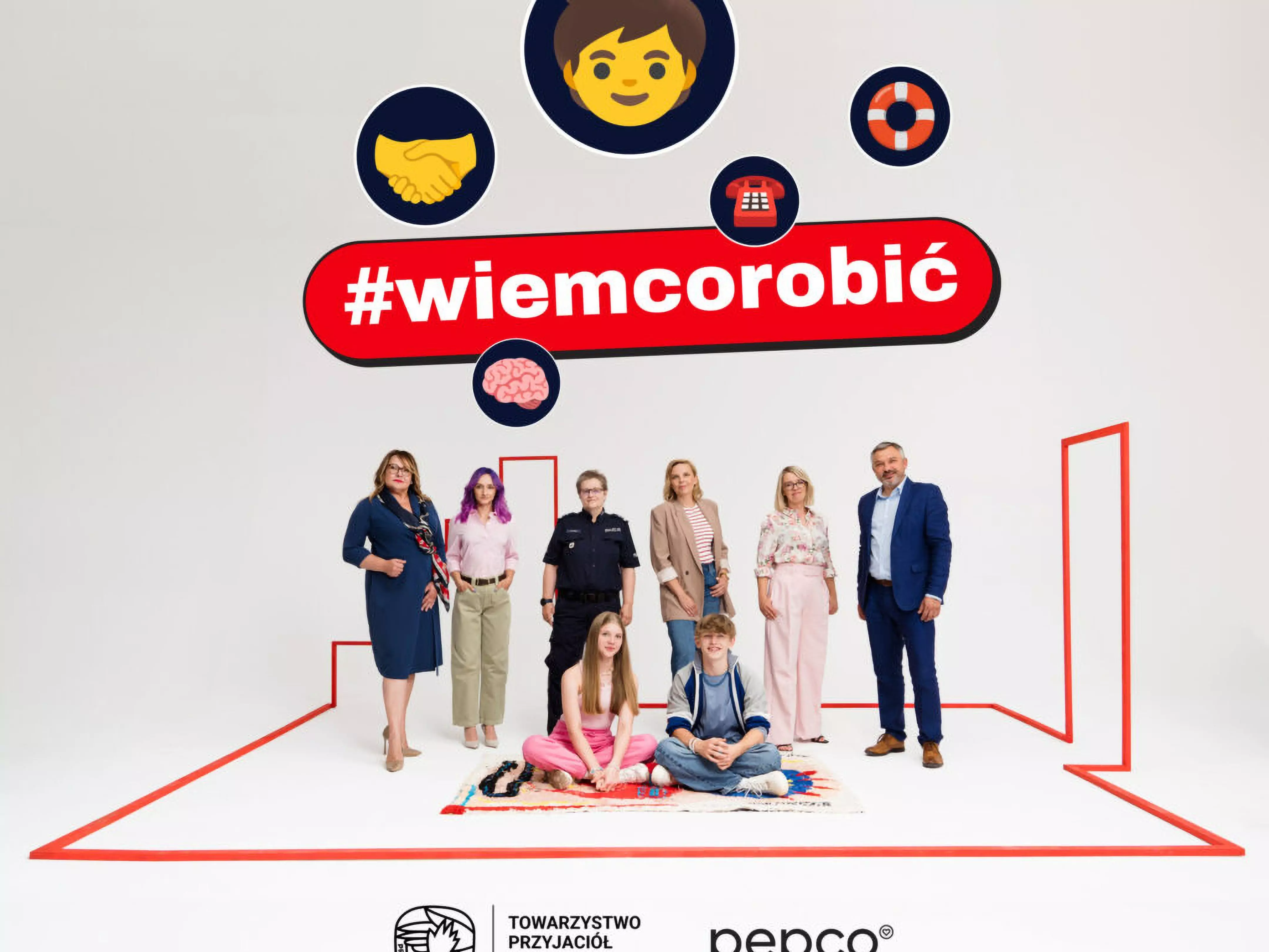 Pepco campaign image featuring a group of people standing beneath a red #wiemcorobić hashtag with icons for support services above them.
